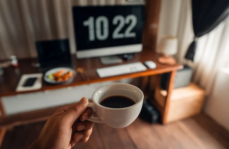 A person holding a coffee cup in front of a computer, symbolizing motivation with morning quotes for busy days.