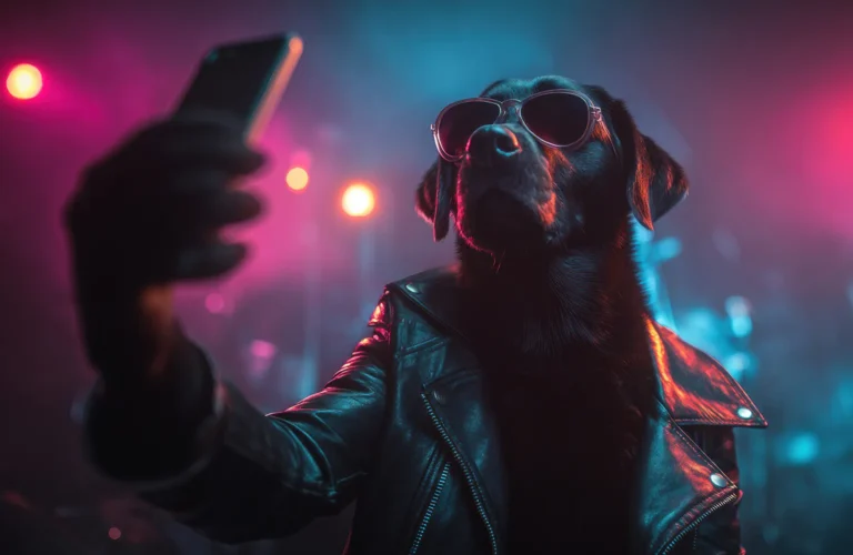 A dog in sunglasses and a leather jacket poses for a selfie, embodying humor and style on an ordinary day.
