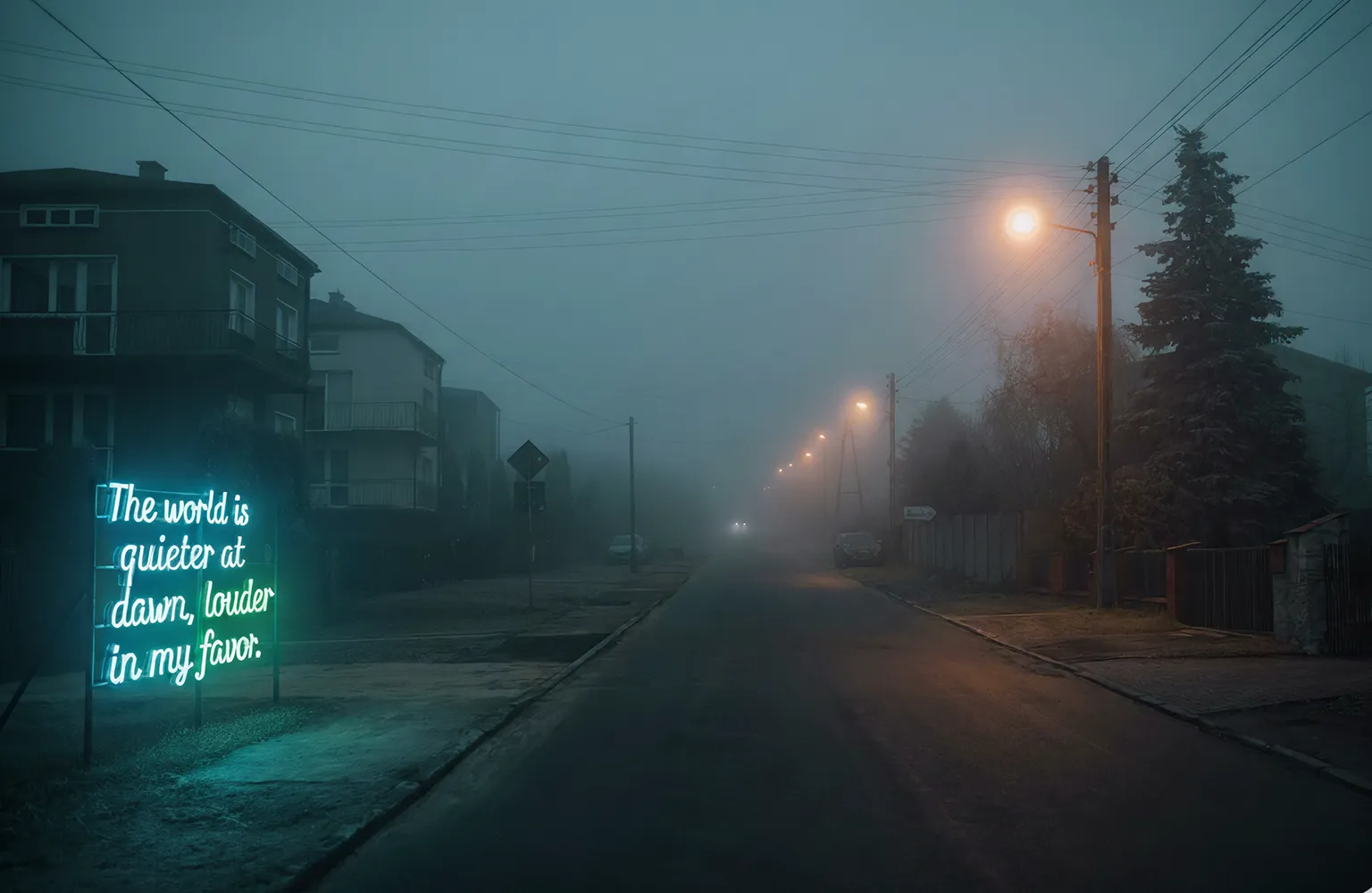 A vibrant neon sign shines through the fog on a roadside, representing motivation for daily challenges.